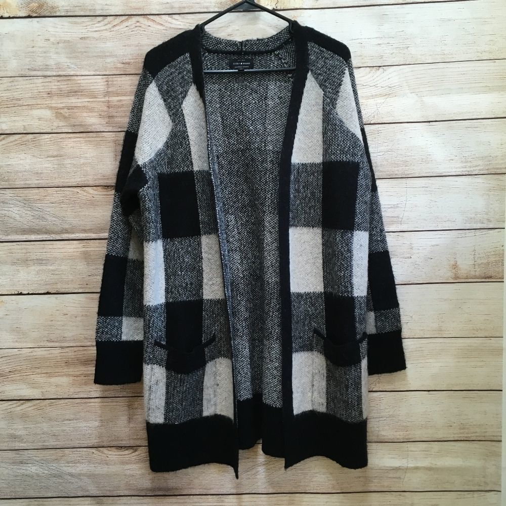 LUCKY BRAND WOOL BLEND BUFFALO PLAID SWEATER IN BLACK AND WHITE